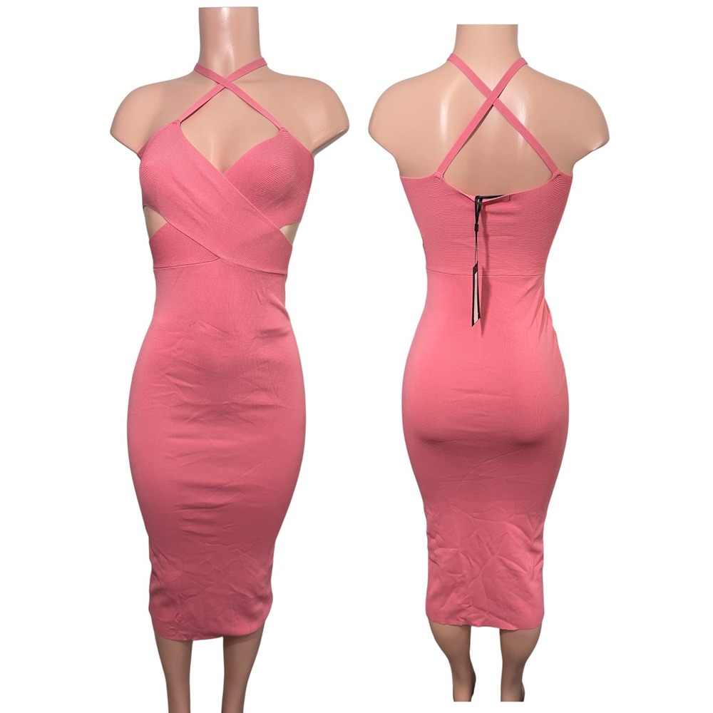 NWT LAMARQUE Lidia Pink Ribbed Knit Midi Dress Small Bodycon